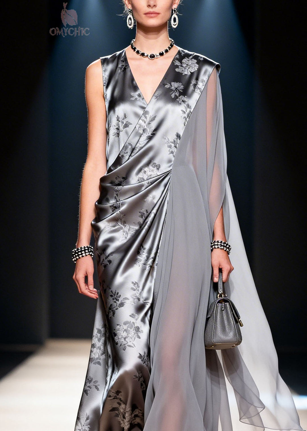 Fine V Neck Asymmetrical Design Print Patchwork Chiffon Dress Summer