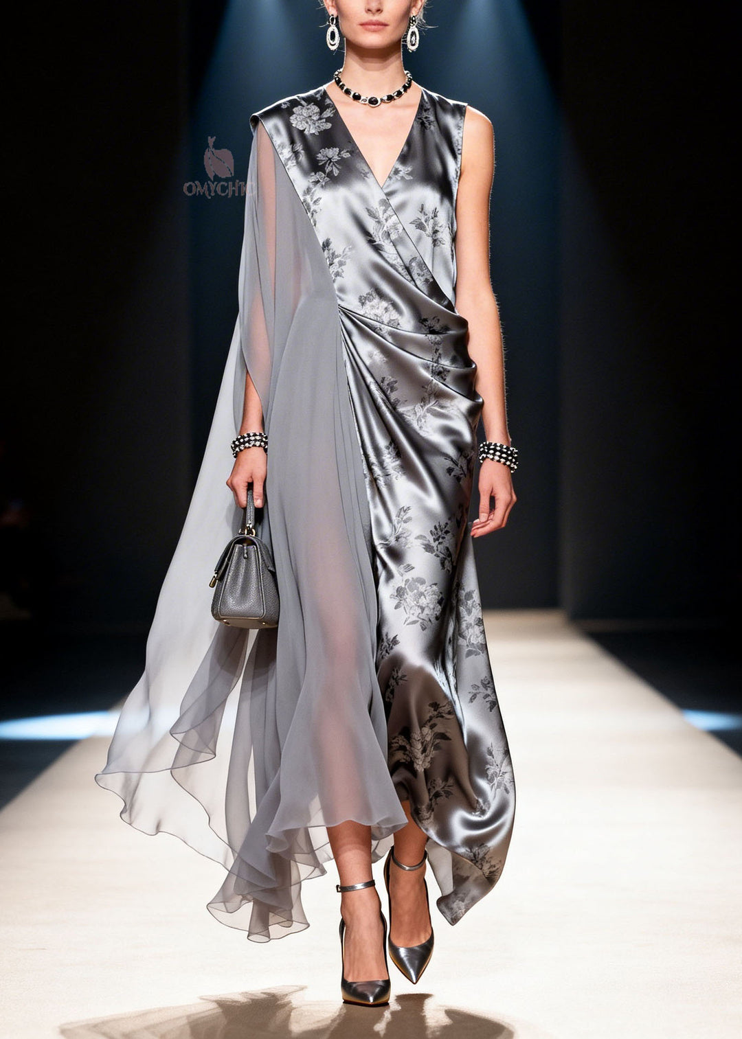 Fine V Neck Asymmetrical Design Print Patchwork Chiffon Dress Summer