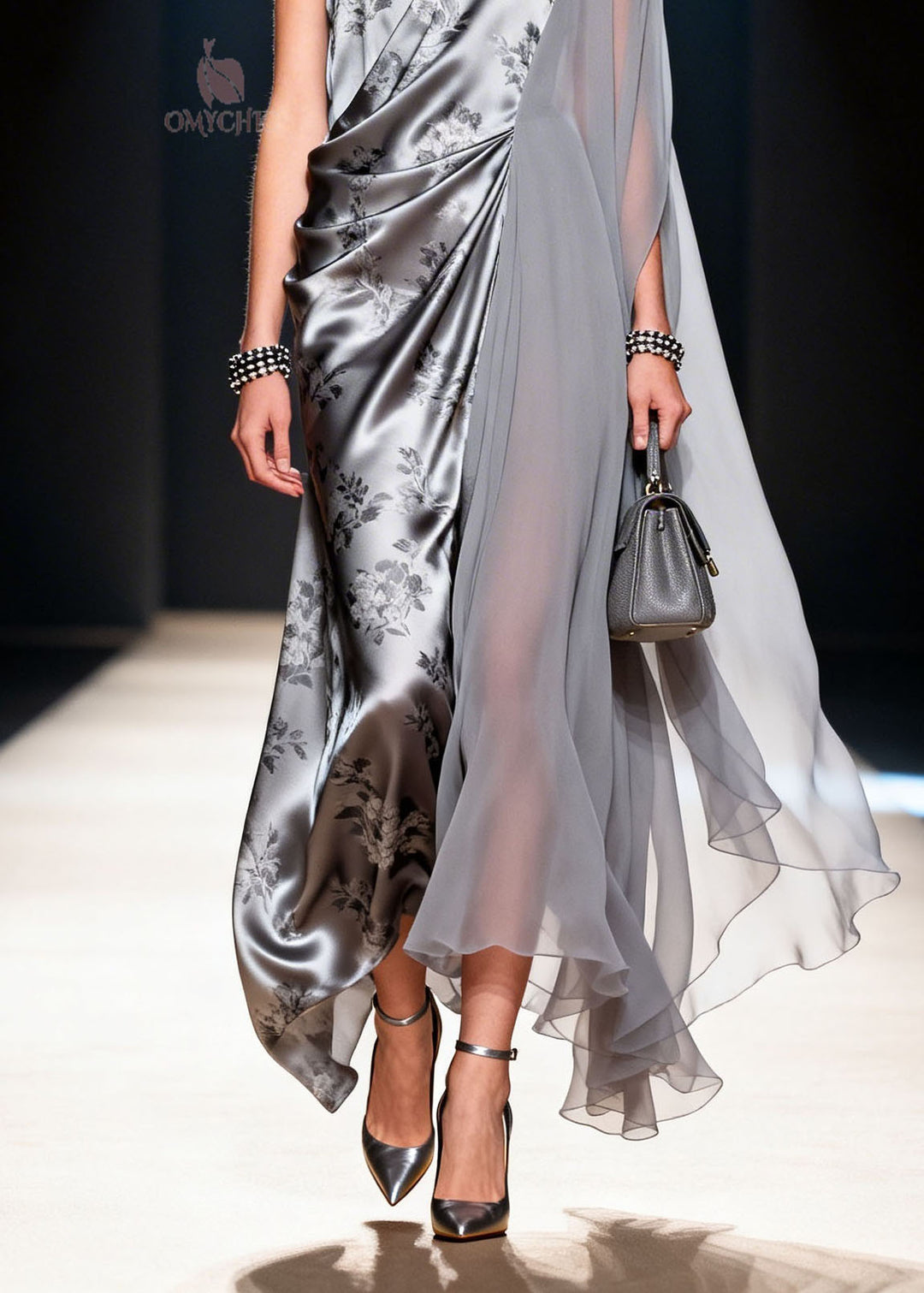 Fine V Neck Asymmetrical Design Print Patchwork Chiffon Dress Summer