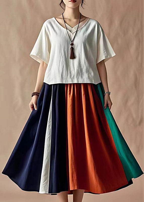 Fine V Neck Patchwork Cotton Two Pieces Set Summer