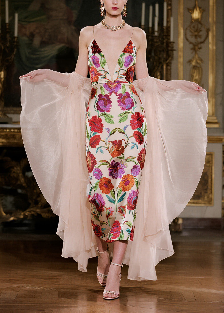 Fine V Neck Print Silk Spaghetti Strap Dress And Cape Two-Piece Set Summer