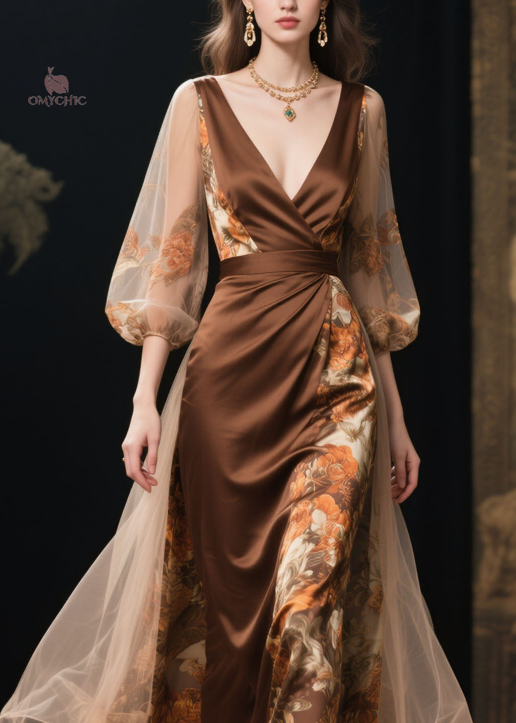 Fine V Neck Print Tulle Patchwork Silk Dress Summer
