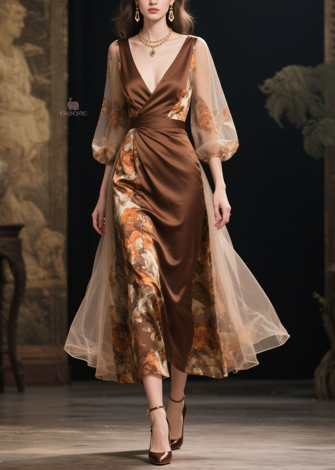 Fine V Neck Print Tulle Patchwork Silk Dress Summer