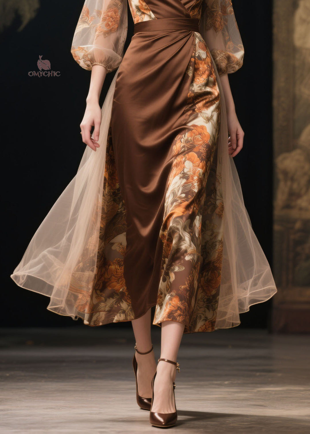 Fine V Neck Print Tulle Patchwork Silk Dress Summer