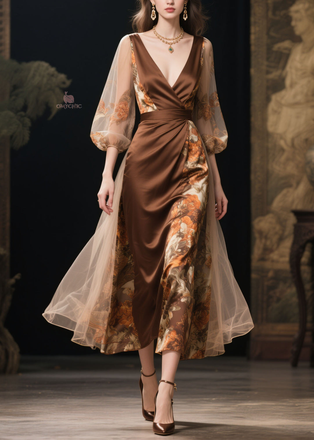 Fine V Neck Print Tulle Patchwork Silk Dress Summer