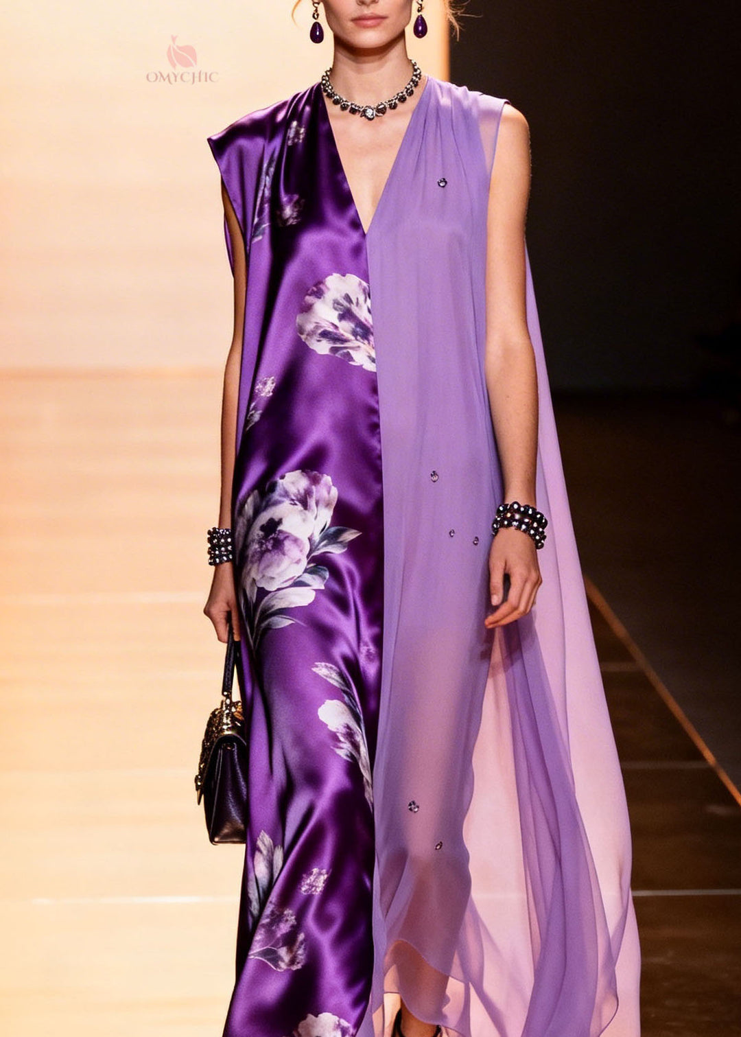 Fine V Neck Print Zircon Patchwork Silk Dresses Summer