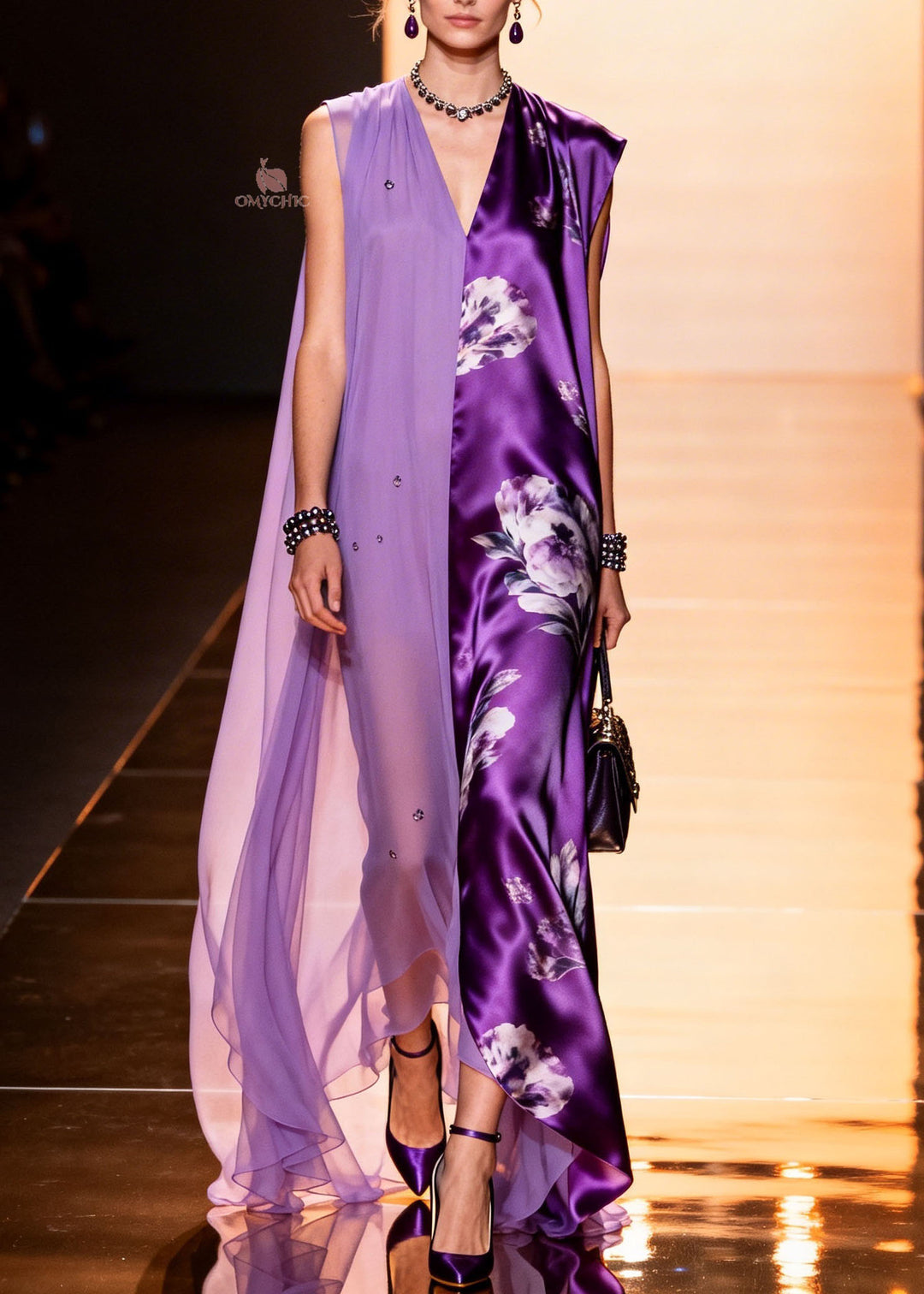Fine V Neck Print Zircon Patchwork Silk Dresses Summer