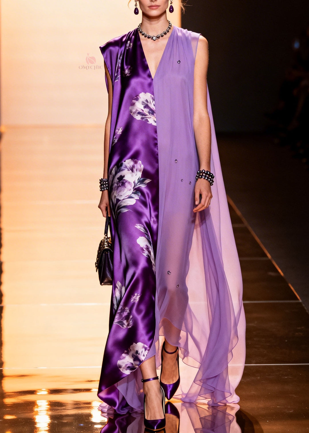 Fine V Neck Print Zircon Patchwork Silk Dresses Summer