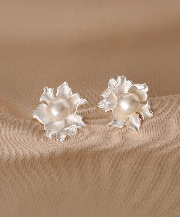Fine White Alloy Asymmetrical Pearl Floral Stud Earrings