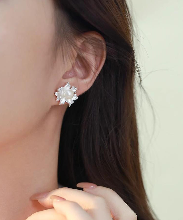 Fine White Alloy Asymmetrical Pearl Floral Stud Earrings