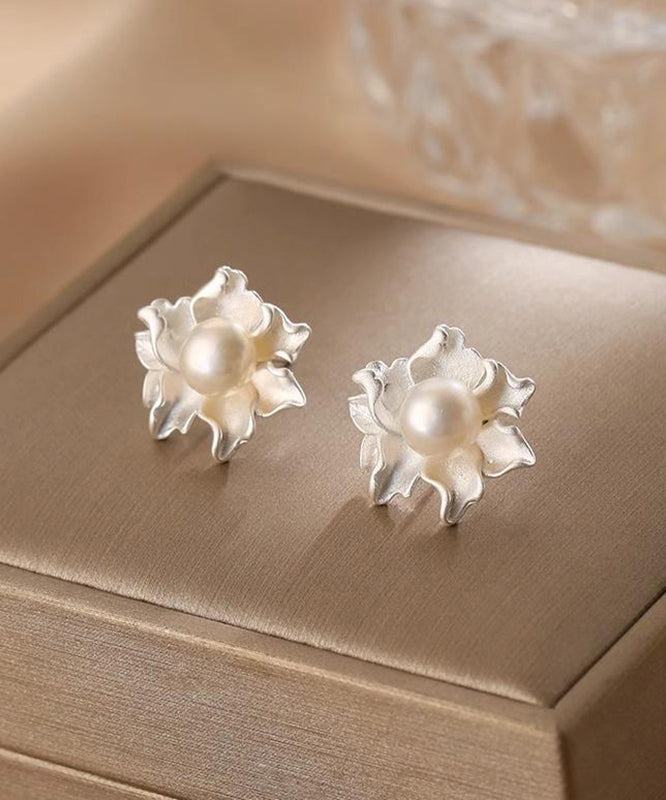 Fine White Alloy Asymmetrical Pearl Floral Stud Earrings