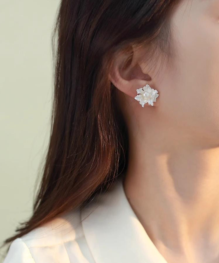 Fine White Alloy Asymmetrical Pearl Floral Stud Earrings