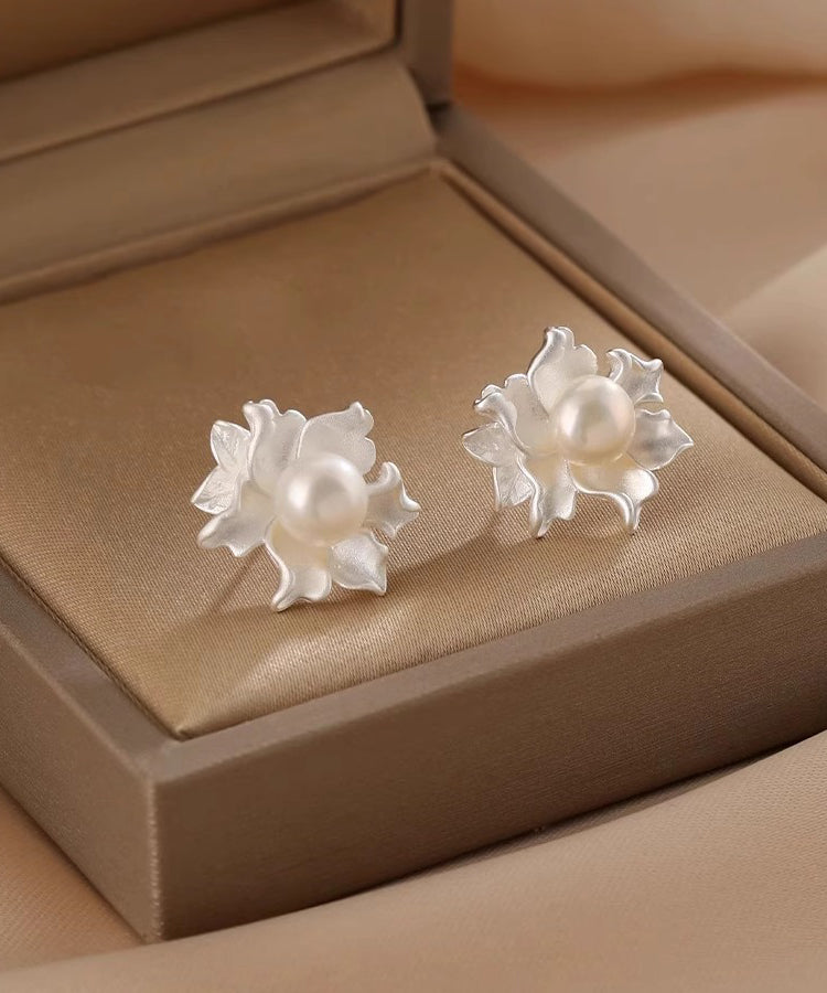 Fine White Alloy Asymmetrical Pearl Floral Stud Earrings