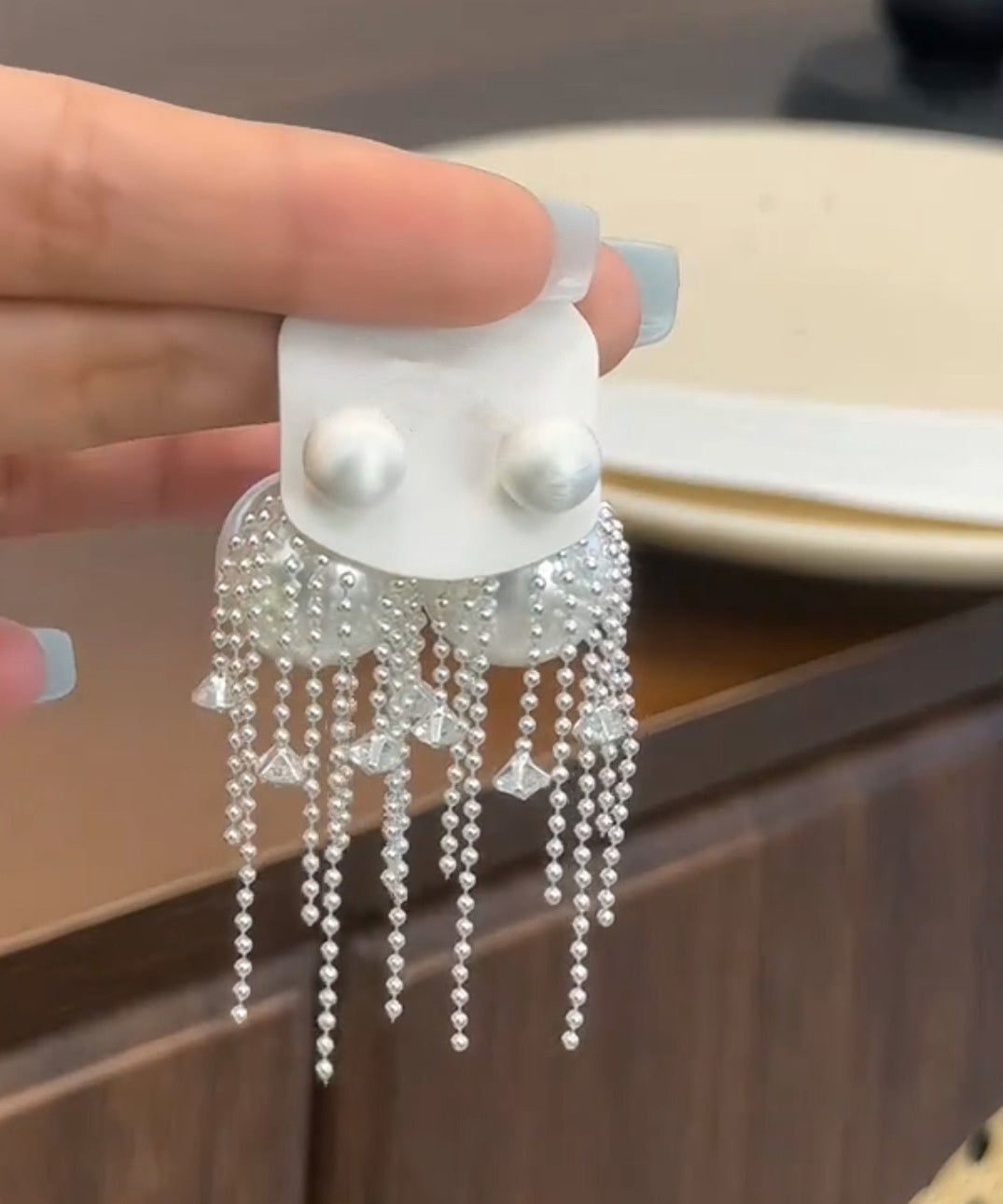 Fine White Alloy Zircon Pearl Tassel Drop Earrings