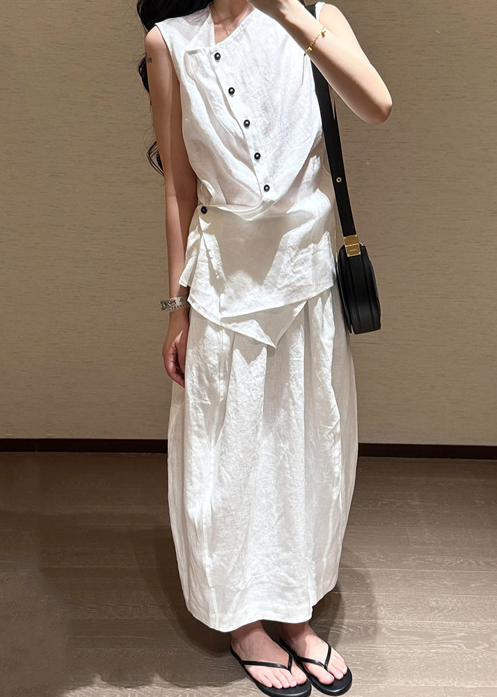 Fine White Asymmetrical Button Shirts And Skirts Cotton Two Pieces Set Sleeveless