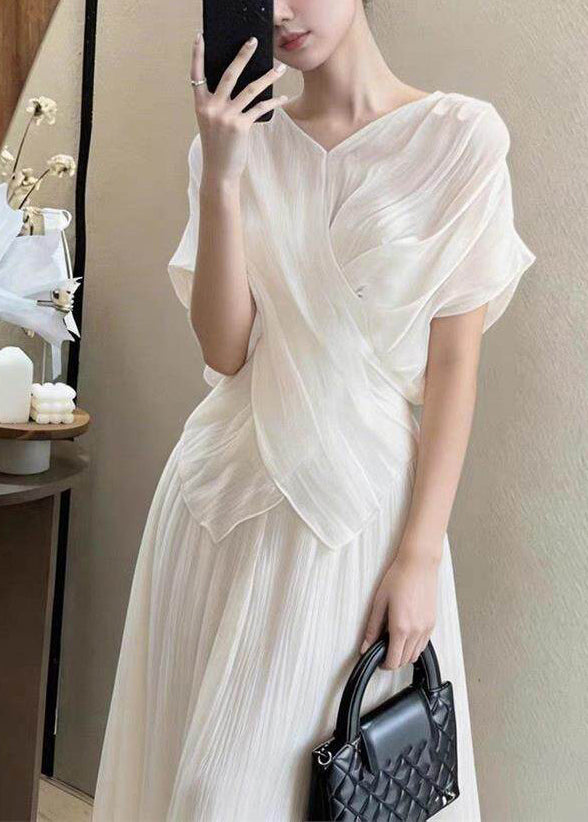 Fine White Asymmetrical Wrinkled Chiffon Two Pieces Set Summer