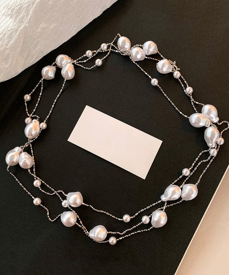 Fine White Asymmetry Pearl Copper Long Sweater Necklace