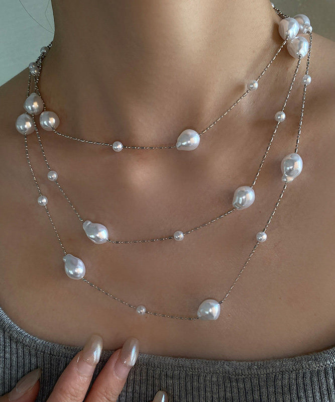 Fine White Asymmetry Pearl Copper Long Sweater Necklace