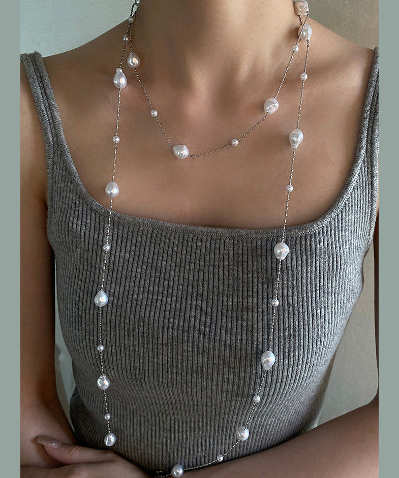 Fine White Asymmetry Pearl Copper Long Sweater Necklace