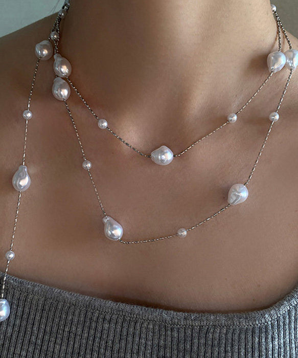 Fine White Asymmetry Pearl Copper Long Sweater Necklace