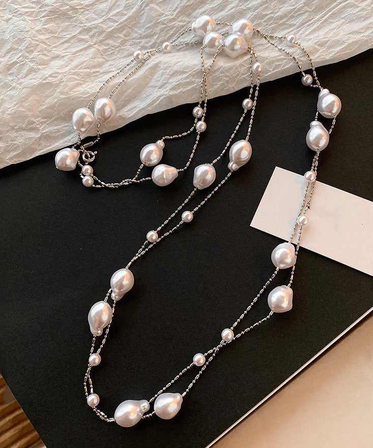 Fine White Asymmetry Pearl Copper Long Sweater Necklace