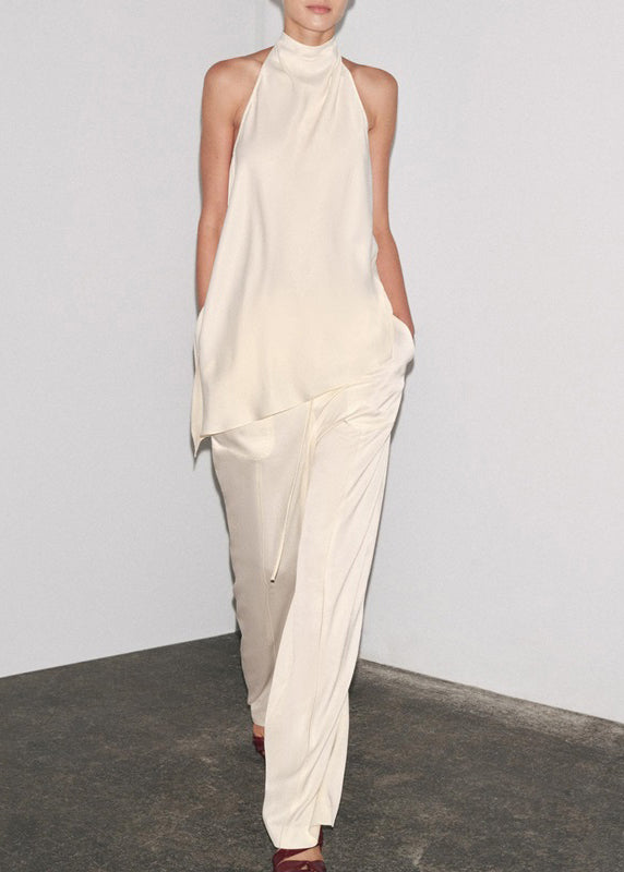 Fine White Backless Side Open Tops And Pants Silk Two Pieces Set Sleeveless