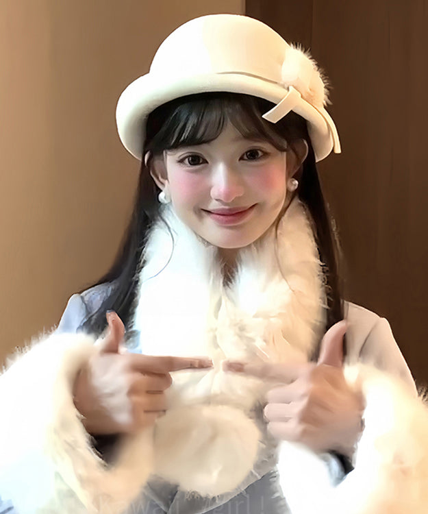 Fine White Bow Fuzzy Ball Woolen Bucket Hat