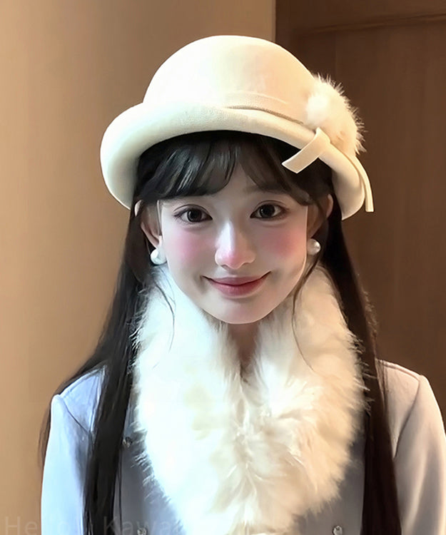Fine White Bow Fuzzy Ball Woolen Bucket Hat