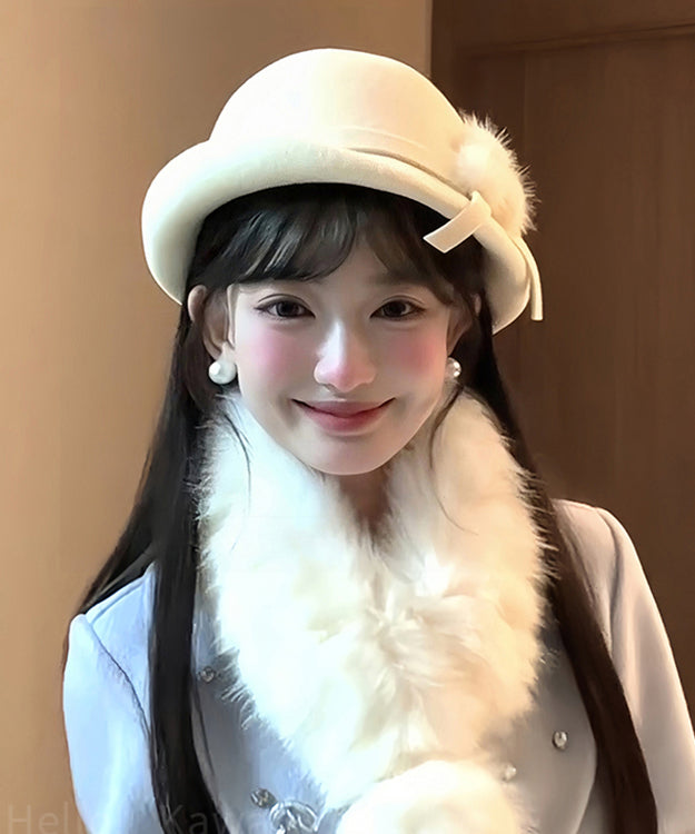 Fine White Bow Fuzzy Ball Woolen Bucket Hat