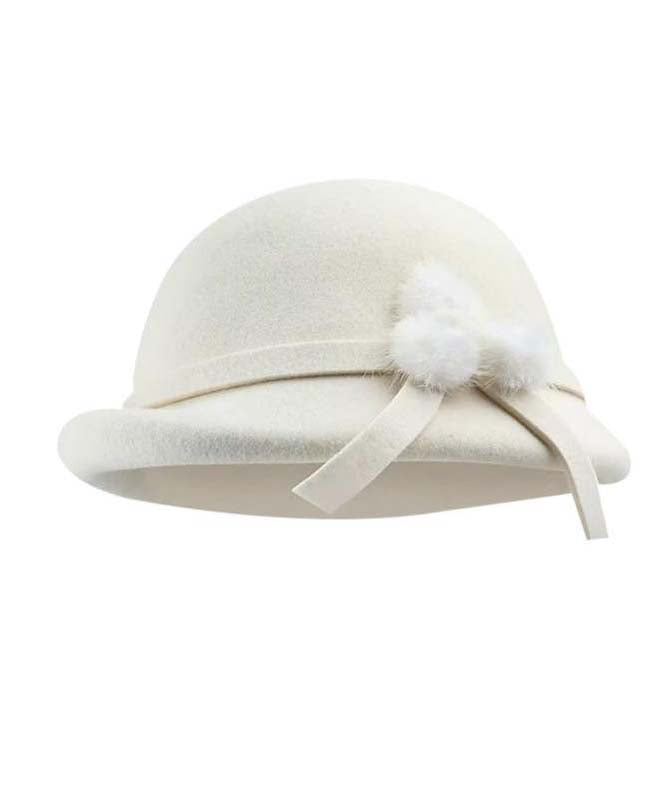 Fine White Bow Fuzzy Ball Woolen Bucket Hat