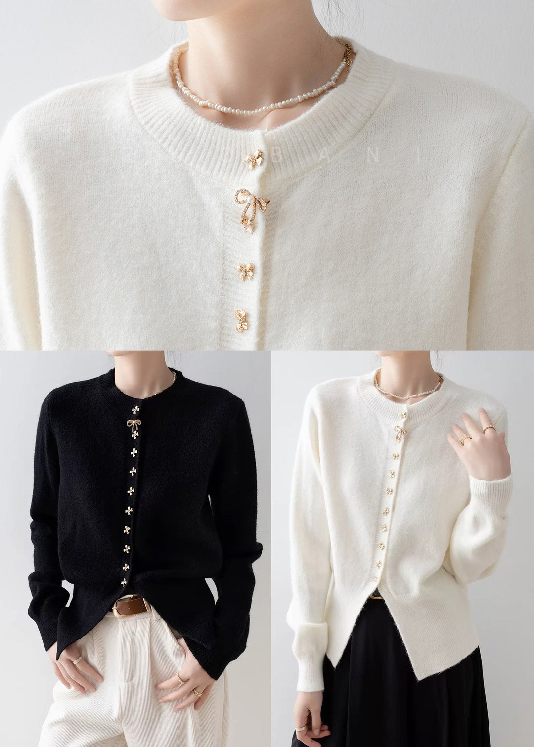 Fine White Bow Side Open Warm Knit Cardigan Winter