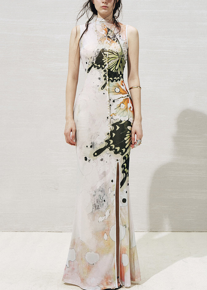Fine White Butterfly Print Maxi Dresses Two Piece Set Sleeveless