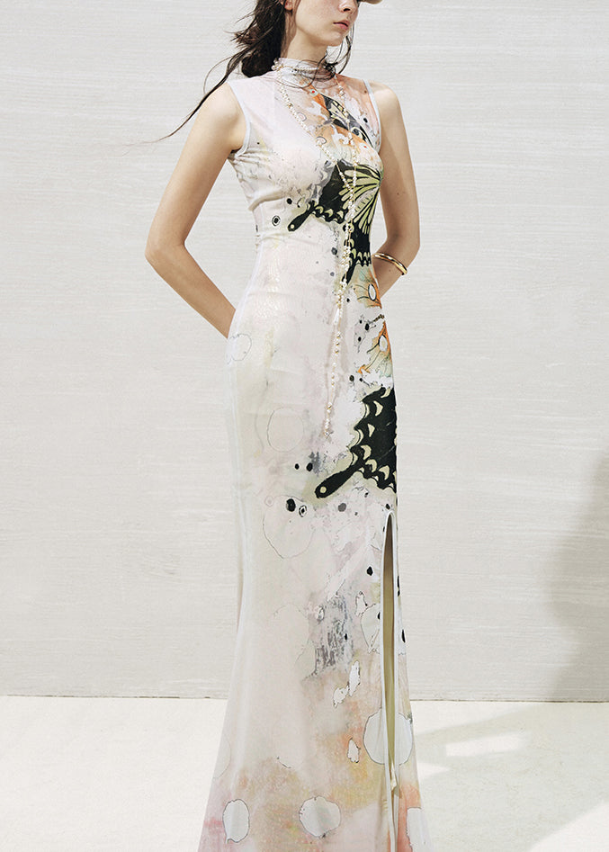Fine White Butterfly Print Maxi Dresses Two Piece Set Sleeveless