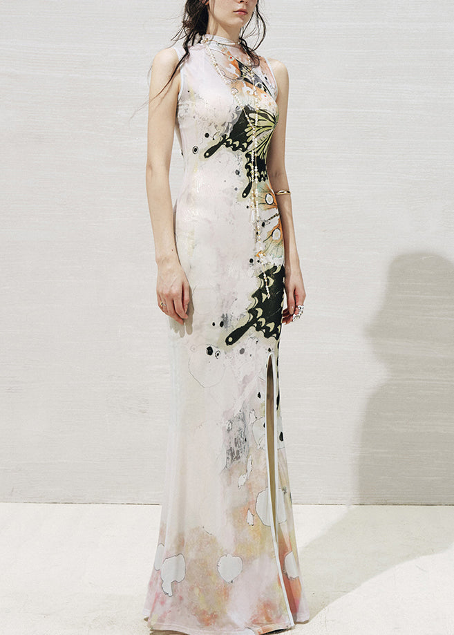 Fine White Butterfly Print Maxi Dresses Two Piece Set Sleeveless