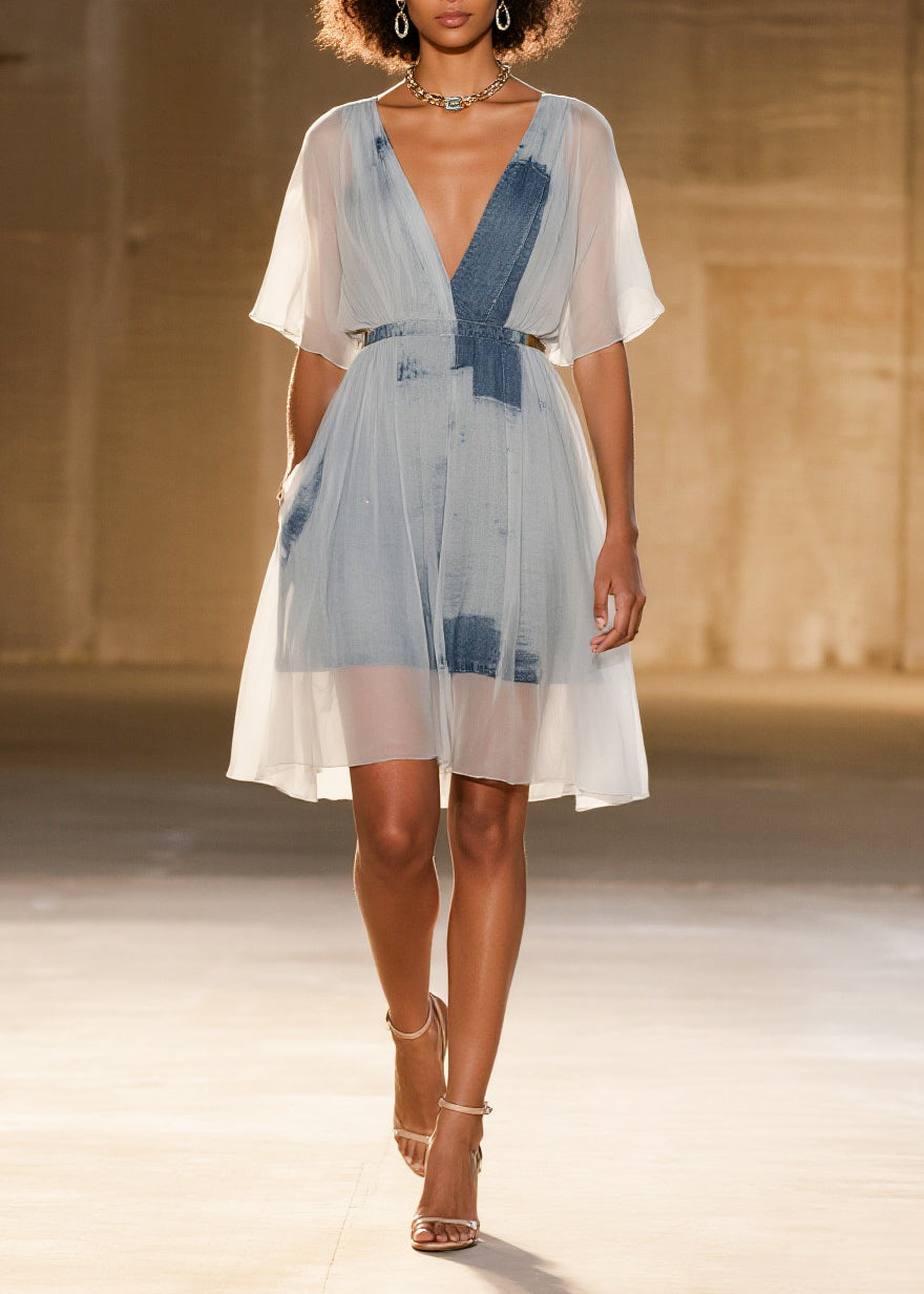 Fine White Cinched Print Tulle Mid Dress Summer