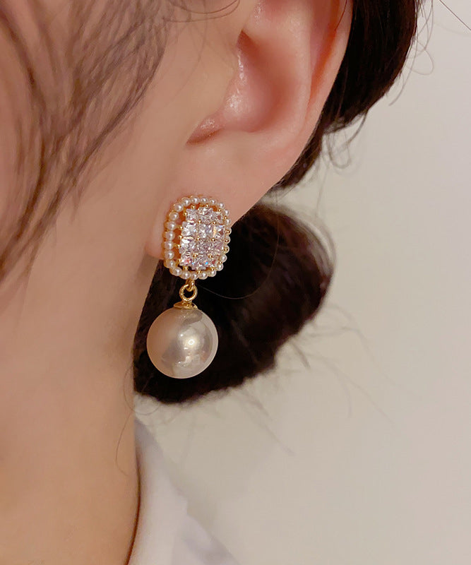 Fine White Copper Overgild Zircon Pearl Drop Earrings