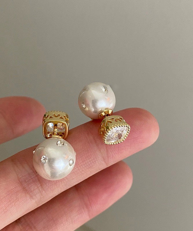Fine White Copper Zircon Pearl Stud Earrings