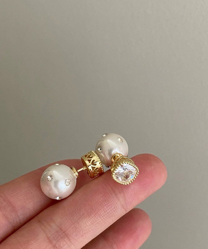 Fine White Copper Zircon Pearl Stud Earrings