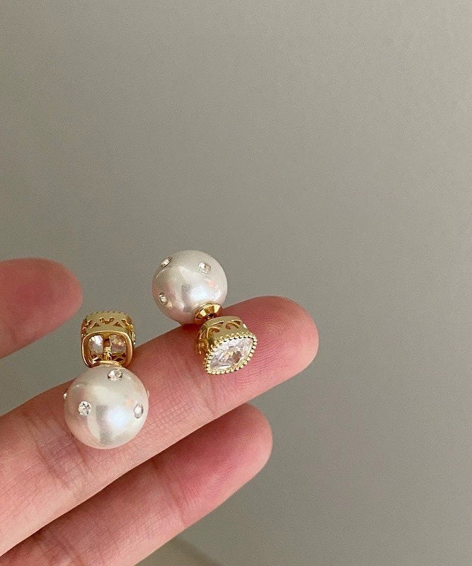 Fine White Copper Zircon Pearl Stud Earrings