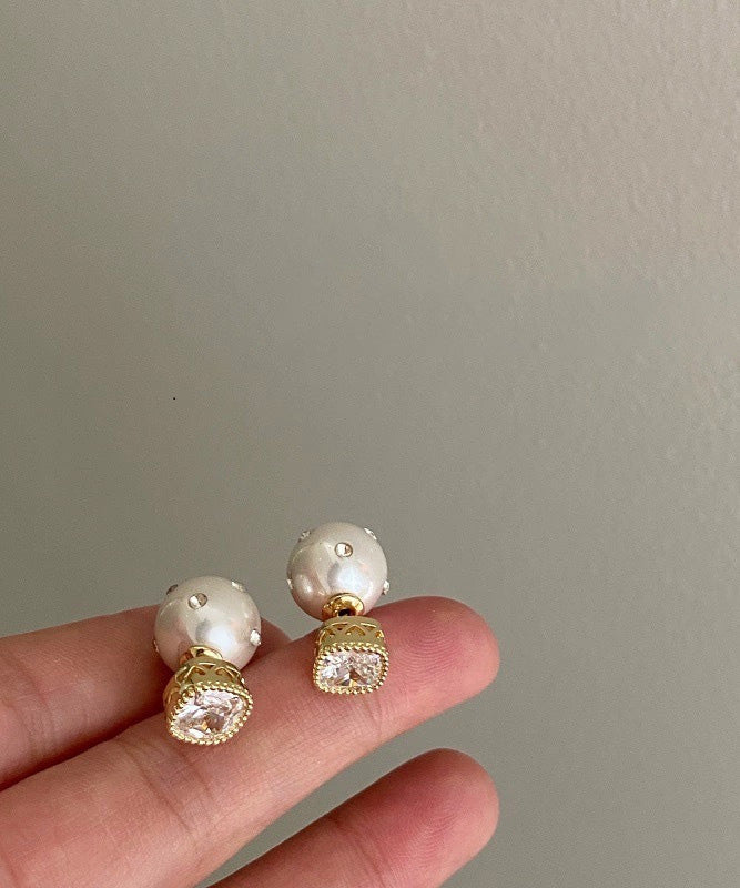 Fine White Copper Zircon Pearl Stud Earrings