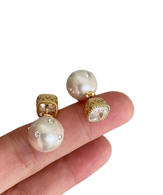 Fine White Copper Zircon Pearl Stud Earrings