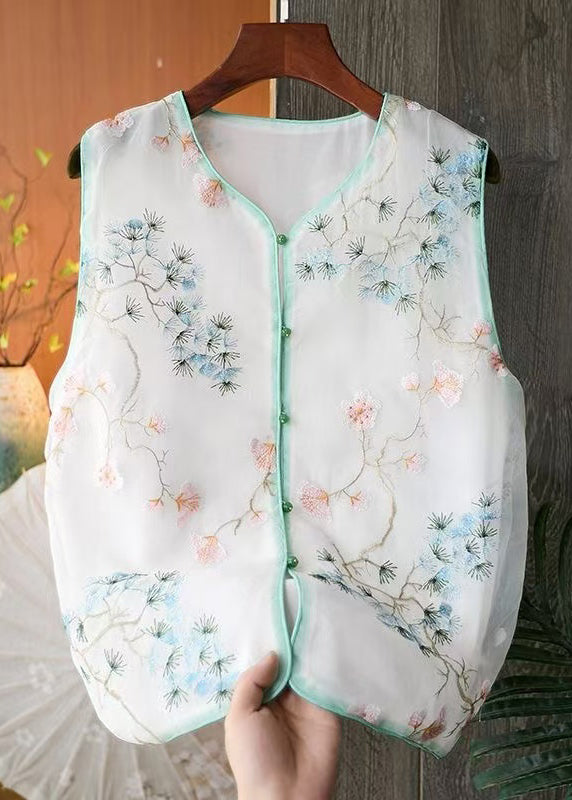 Fine White Embroidered Button Side Open Tulle Waistcoat Sleeveless