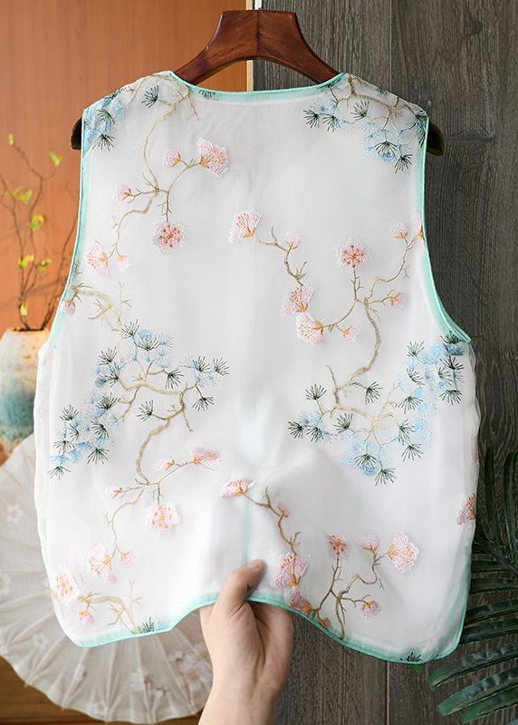 Fine White Embroidered Button Side Open Tulle Waistcoat Sleeveless