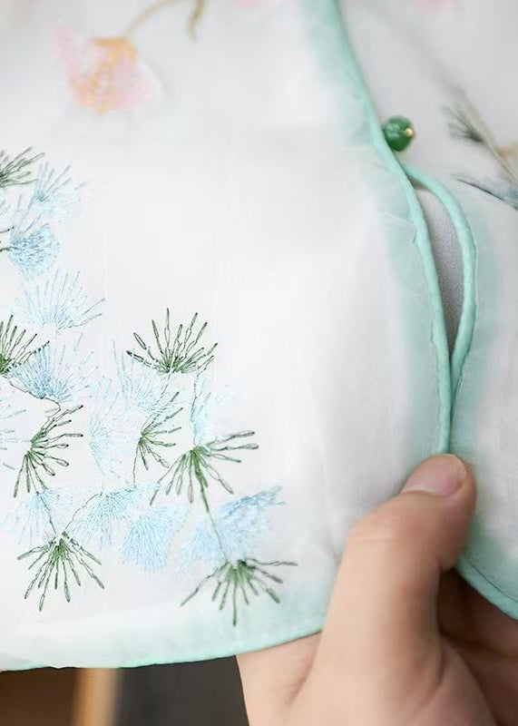 Fine White Embroidered Button Side Open Tulle Waistcoat Sleeveless