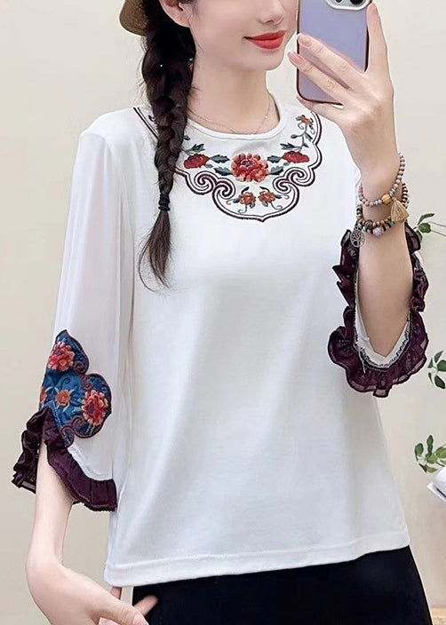 Fine White Embroidered Floral Cotton Shirts Flare Sleeve