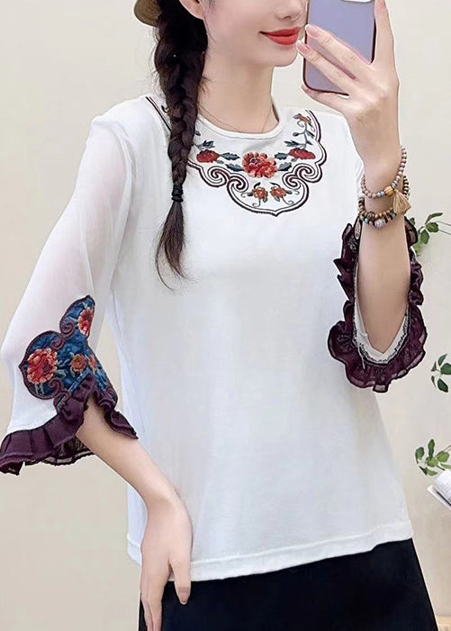 Fine White Embroidered Floral Cotton Shirts Flare Sleeve