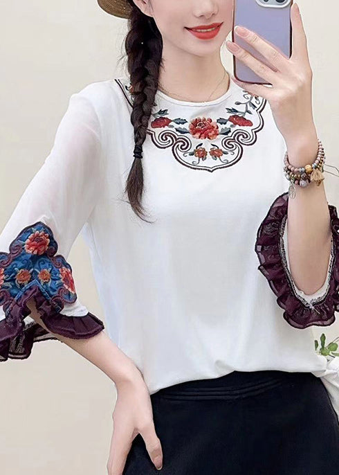 Fine White Embroidered Floral Cotton Shirts Flare Sleeve