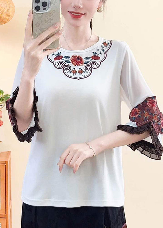 Fine White Embroidered Floral Cotton Shirts Flare Sleeve