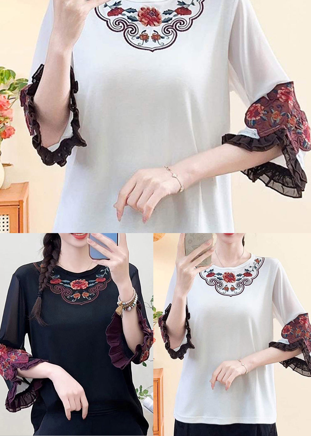 Fine White Embroidered Floral Cotton Shirts Flare Sleeve