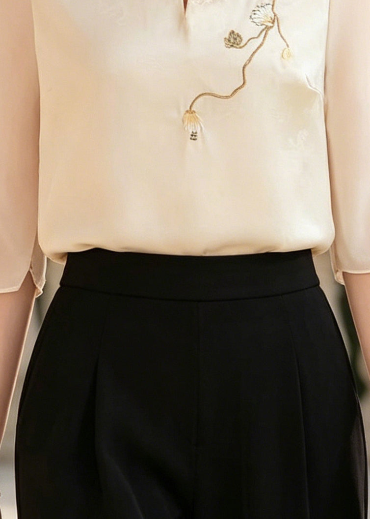 Fine White Embroidered Jacquard Silk Oriental Tops Half Sleeve